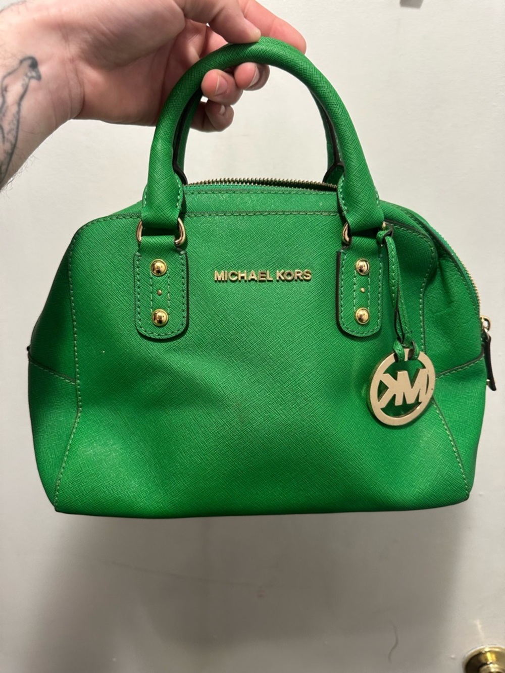 Michael Kors Green Saffiano Satchel with Gold Hardware